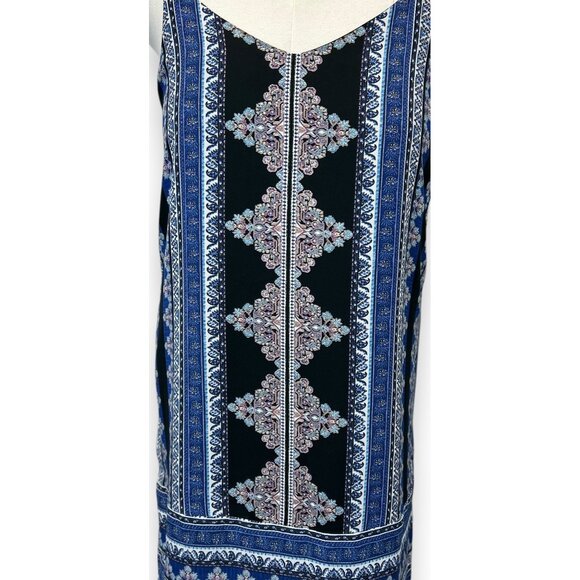 Pink Republic Womens L Printed Sleeveless Slip Dress Blue Black Patterned V-Neck - Picture 2 of 9